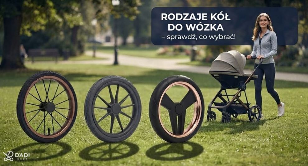 Nowoczesny wózek dziecięcy w parku z zestawieniem trzech rodzajów kół na pierwszym planie: pompowanego, szprychowego i pełnego/żelowego.
